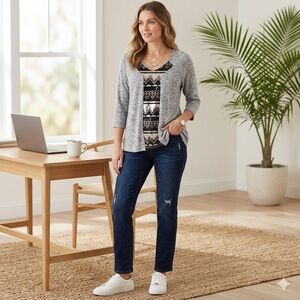 ONE WORLD Gray and Black sequined geometric patterns Tunic Top 1X